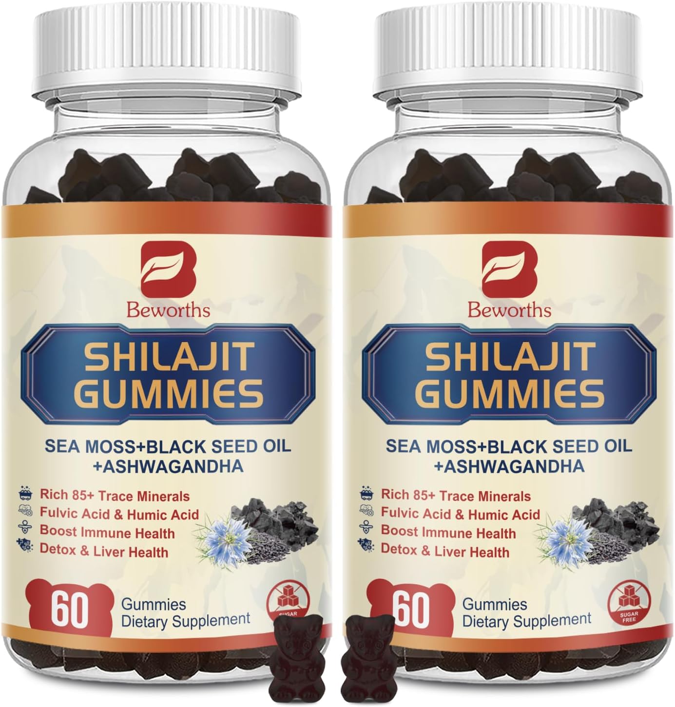 2Pack Shilajit Resin Gummies, Shilajit Sea Moss Supplement with Ashwagandha Ginger, Honey, Black Seed Oil, Panax Ginseng, Shilajit with 85+ Trace Minerals & Fulvic Acid for Energy, Digestion Health