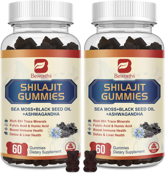 2Pack Shilajit Resin Gummies, Shilajit Sea Moss Supplement with Ashwagandha Ginger, Honey, Black Seed Oil, Panax Ginseng, Shilajit with 85+ Trace Minerals & Fulvic Acid for Energy, Digestion Health