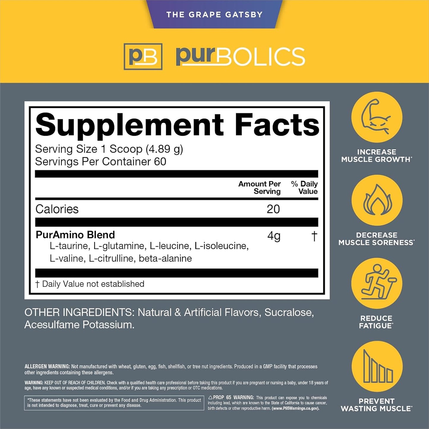 Aminos | 4g of Free-Form Amino Acids, Beta-Alanine, 0 Sugar & 60 Servings (Grape Gatsby)