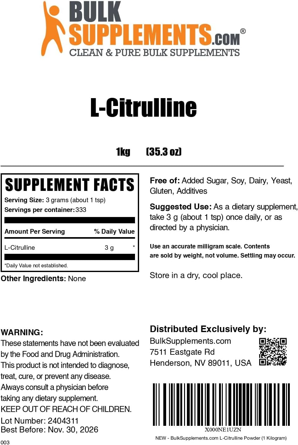 BulkSupplements.com L-Citrulline Powder - Citrulline Supplement, Nitric Oxide Supplement - Unflavored & Gluten Free - 3g per Servings, 1kg (Pack of 5) (11 lbs)
