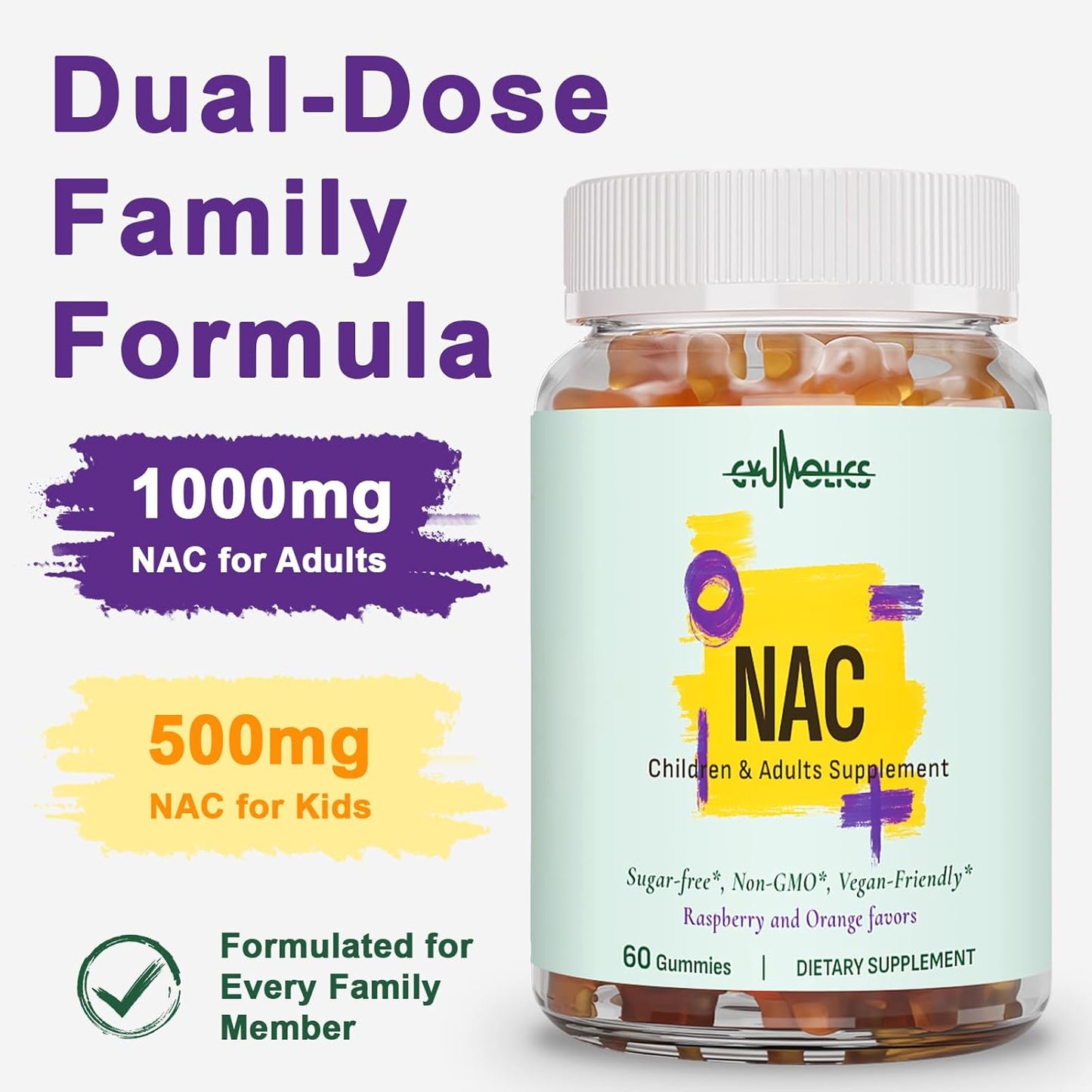 2Pcs NAC Supplement 1000mg for Adults & 500mg for Kids, N-Acetyl Cysteine Ethyl Ester Gummies, Antioxidant Support, Vegan, Non-GMO, Sugar-Free – 120 Gummies