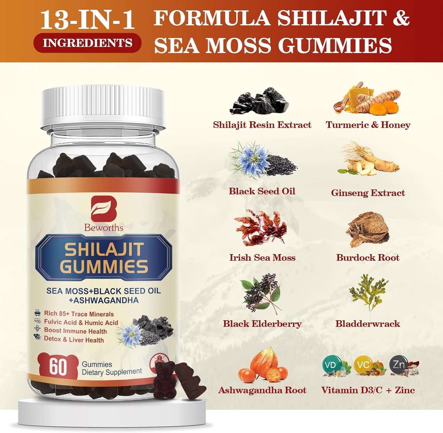 2Pack Shilajit Resin Gummies, Shilajit Sea Moss Supplement with Ashwagandha Ginger, Honey, Black Seed Oil, Panax Ginseng, Shilajit with 85+ Trace Minerals & Fulvic Acid for Energy, Digestion Health