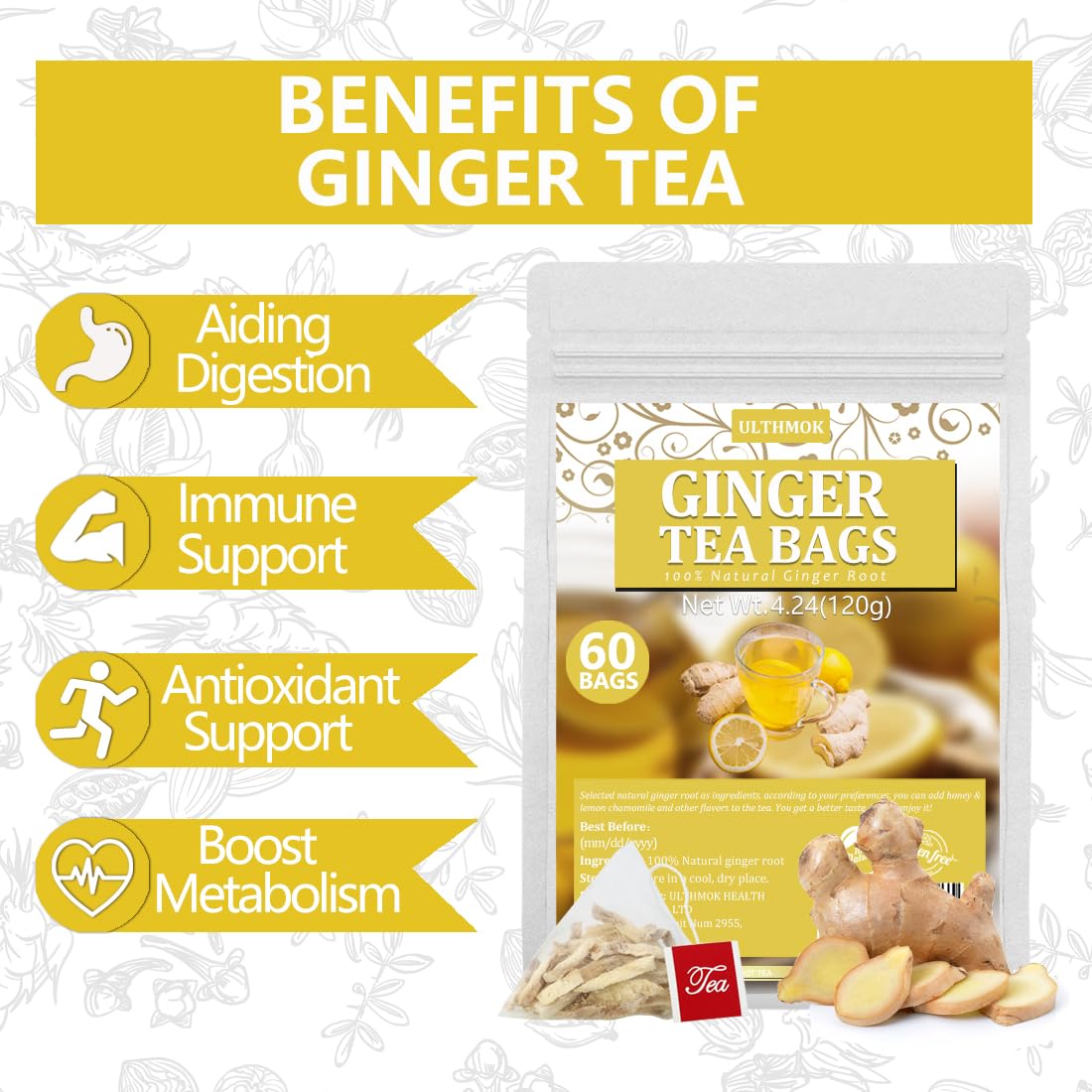 100 Premium Ginger Tea Bags/7.06 Oz, Made with 100% Natural Ginger Root, Warm & Spicy, Support Digestion & Boost Immunity, No Additives & Caffeine Free.