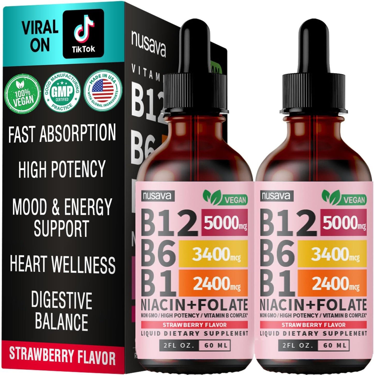 (2 Pack) Vitamin B12 and B6 Liquid Drops, B12 Sublingual Vitamin B Complex - B 12 Vitamin 5000mcg - B12 Methylcobalamin for Energy, Brain, and Heart Support with 27,200 mcg, Strawberry, 80 Servings