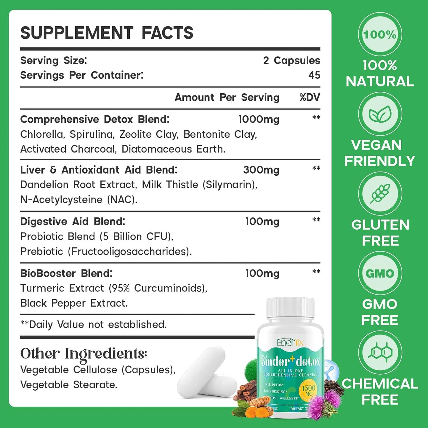 15-in-1 Detox Binder, Activated Charcoal, Zeolite & Bentonite Clay, Chlorella, 1500 MG Detox Supplement Maximum Absorbent, Liver Gut Digestive Detox Cleanse, 180 Vegan Capsules