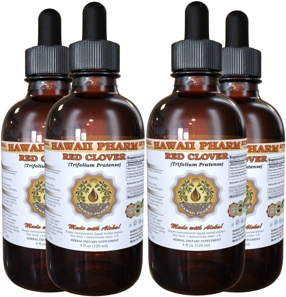Red Clover Liquid Extract, Organic Red Clover (Trifolium Pratense) Tincture, Herbal Supplement, Hawaii Pharm, Made in USA, 4x4 fl.oz