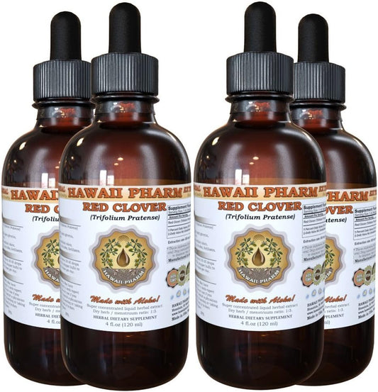 Red Clover Liquid Extract, Organic Red Clover (Trifolium Pratense) Tincture, Herbal Supplement, Hawaii Pharm, Made in USA, 4x4 fl.oz