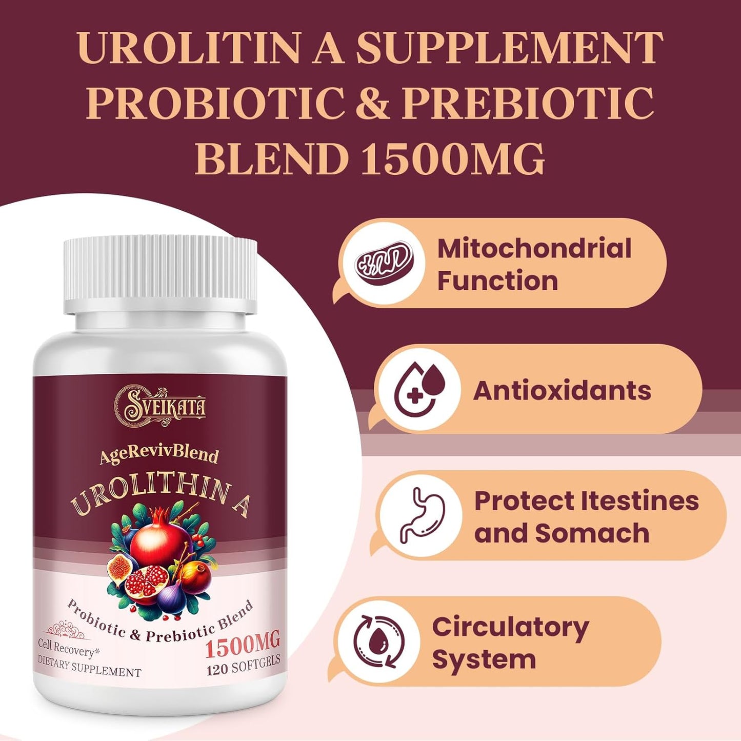Urolithin A Supplement 1500mg – Urolithin A for Healthy Aging & Mitochondrial – Probiotic & Prebiotic Blend with Pomegranate Extract – 120 Softgels