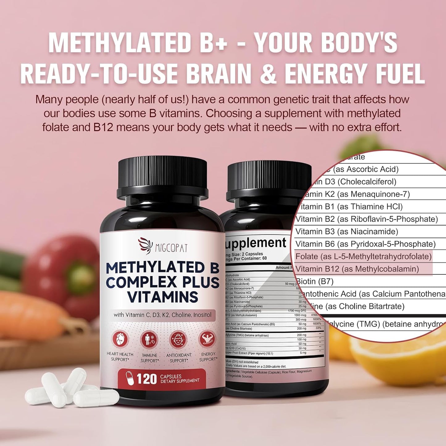 16-in-1 Methylated Multivitamin Plus, Methylated B Complex with Vitamin B12 & Methylfolate, B1-B7, CoQ10 & Alpha Lipoic Acid, Vitamin B Complex for Energy, Brain, Heart, Immunity &Antioxidant,120 Caps