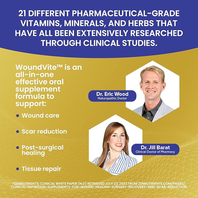 Zen Nutrients WoundVite Pre & Post Surgery Support, Scar & Wound Care, Scar Treatment, Plastic & General Surgery, Heal Faster & Aids in Recovery Time w/Bromelain, Turmeric & Arnica - 60 Vegan Caps