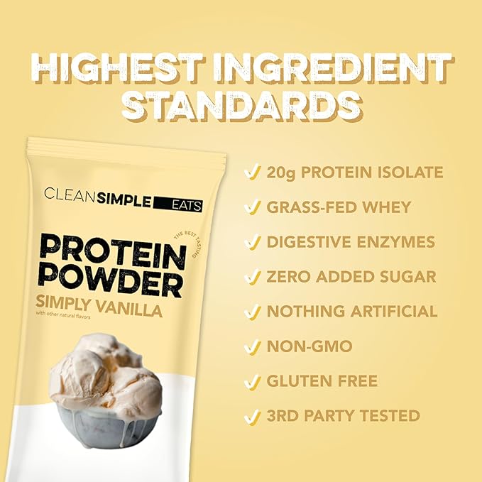 Clean Simple Eats Whey Protein Powder, Simply Vanilla Flavor Naturally Sweetened, 100% Grass Fed Protein Powder with Digestive Enzymes & No Artificial Ingredients, Gluten Free, 10 Stick Packs