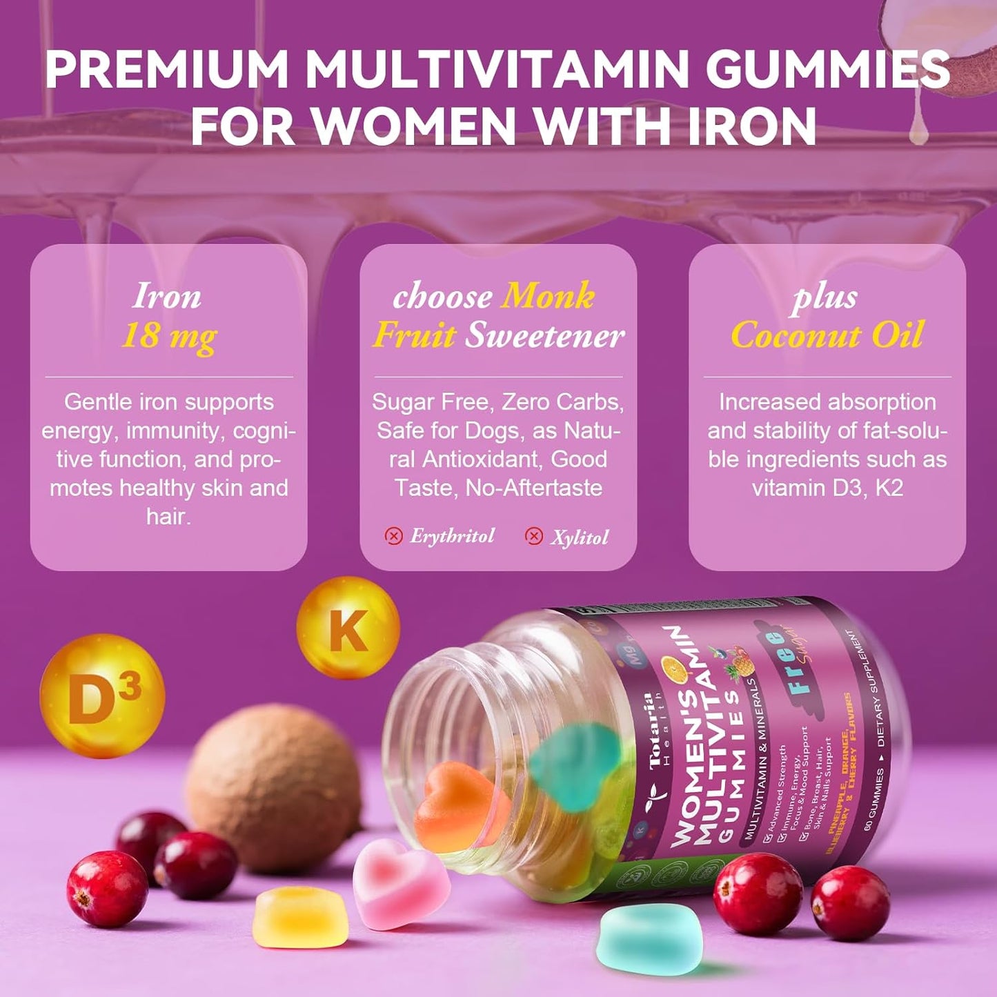 (2 Pcs) Sugar Free Womens Multivitamin Gummies with Iron, Women's Multivitamin w/Vitamins C, D3 K2, B12, B6, Filled Gummies for Daily Nutritional Support| Immune Support| Skin Health, Mixed Flavors
