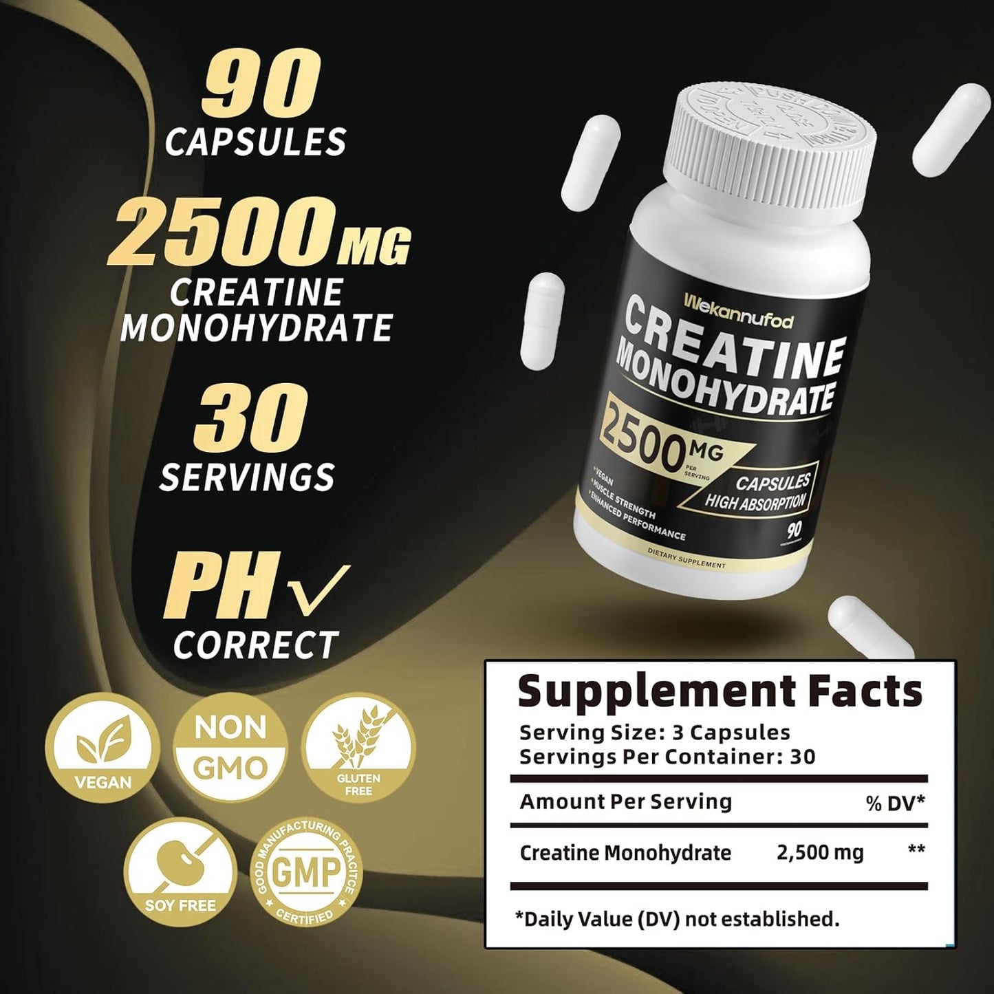 Creatine Monohydrate 2500mg, 90 Capsules - Gluten Free, Non-GMO