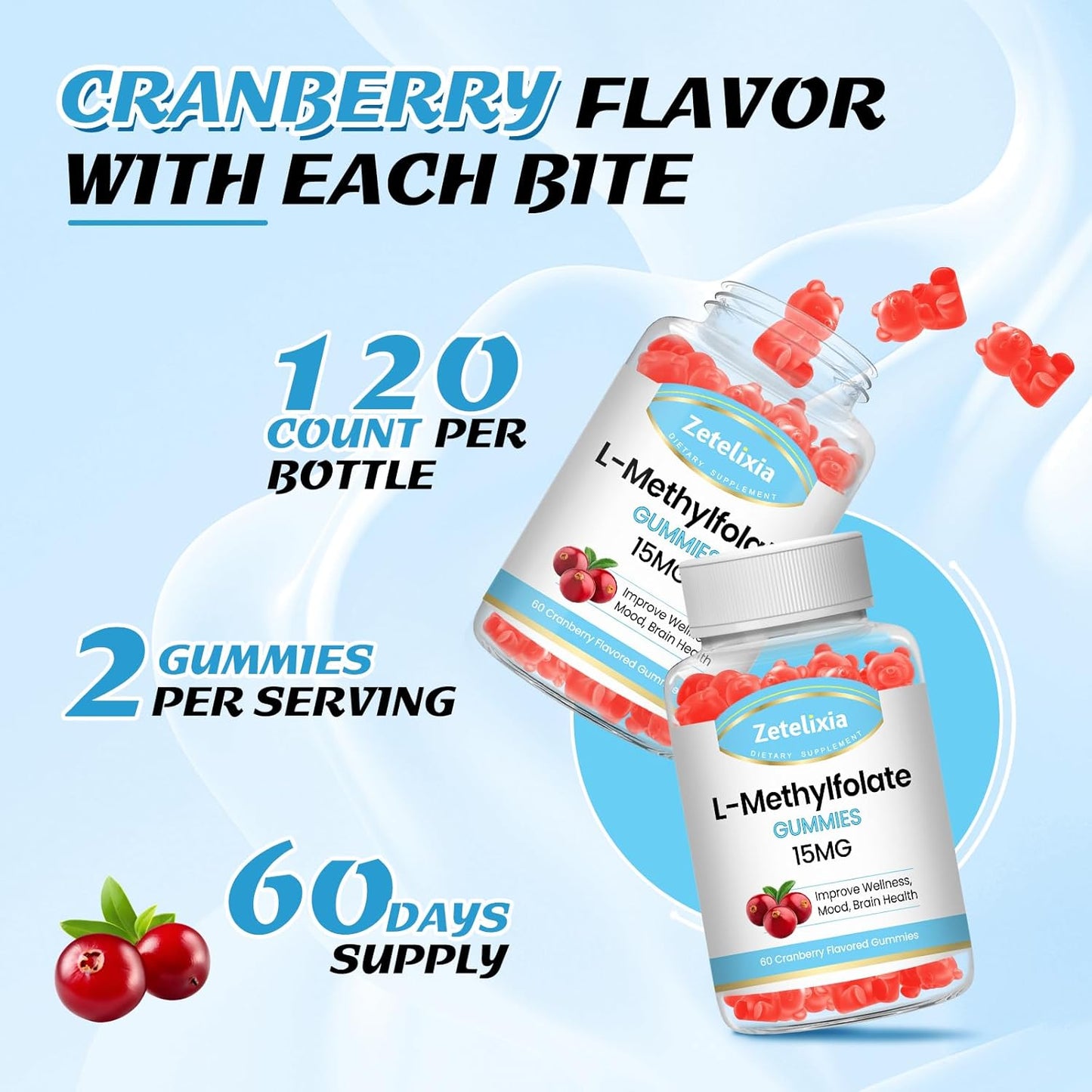 2 Pack L-Methylfolate 15mg & Methyl B12 Gummies, Folate Supplement for Brain Health, Mood & Immunity, DNA Synthesis & Repair, Sugar Free, Vegan, Cranberry Flavor, 120 Count