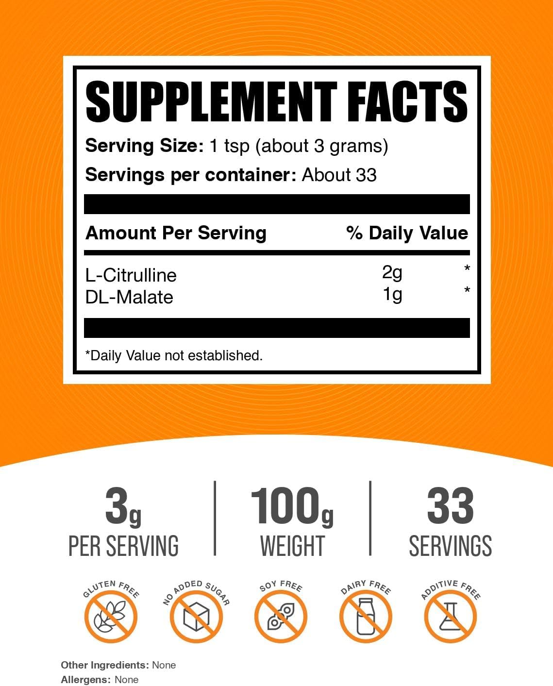 BulkSupplements.com L-Citrulline Malate 2:1 Powder - Nitric Oxide Boost, Citrulline Malate Supplement - Unflavored & Gluten Free - 3g per Servings, 100g (3.5 oz) (Pack of 1)
