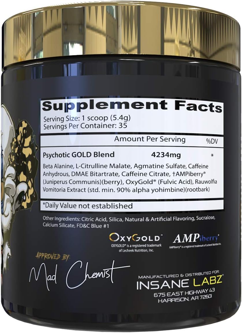Insane Labz Psychotic Gold, High Stimulant Pre Workout Powder, Extreme Lasting Energy Focus, Pumps and Endurance with Beta Alanine, DMAE Bitartrate, NO Booster (35 Servings, Blue Punch)