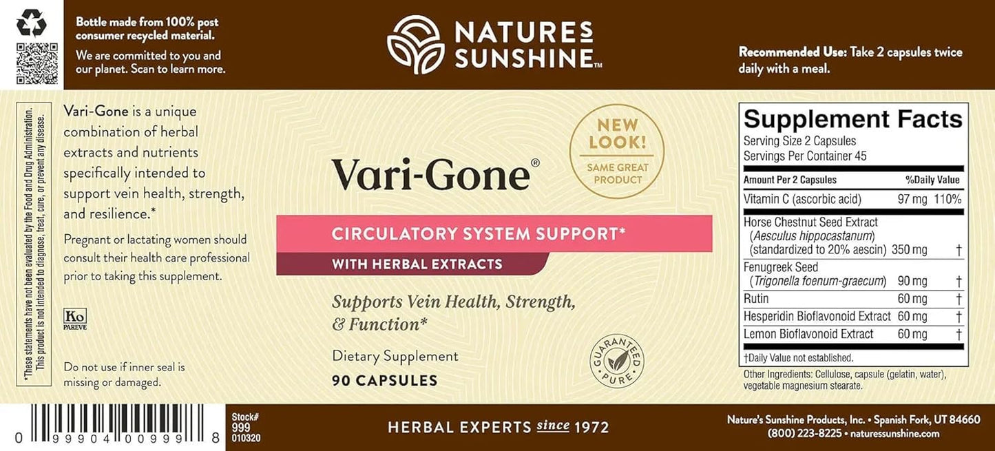 Nature's Sunshine Vari-Gone, 90 Capsules, Varicose Vein Supplements with 7 Powerful Herbs and Nutrients That Support Circulation for Vein Health, Strength, and Function