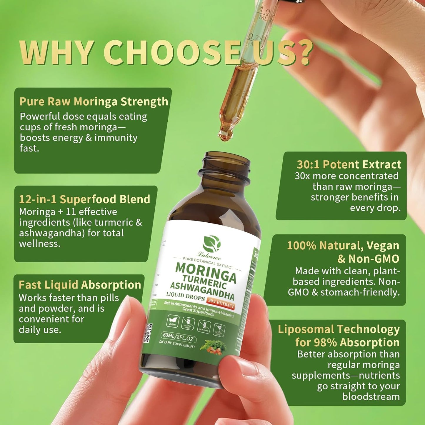 12-in-1 Lipsomal Moringa Leaf Drops with Ashwagandha Turmeric Quercetin, 98% Absorption & 30:1 Pure Moringa Extract for Energy Immune Joint Digestive Support, Vegan Non-GMO Gluten-Free