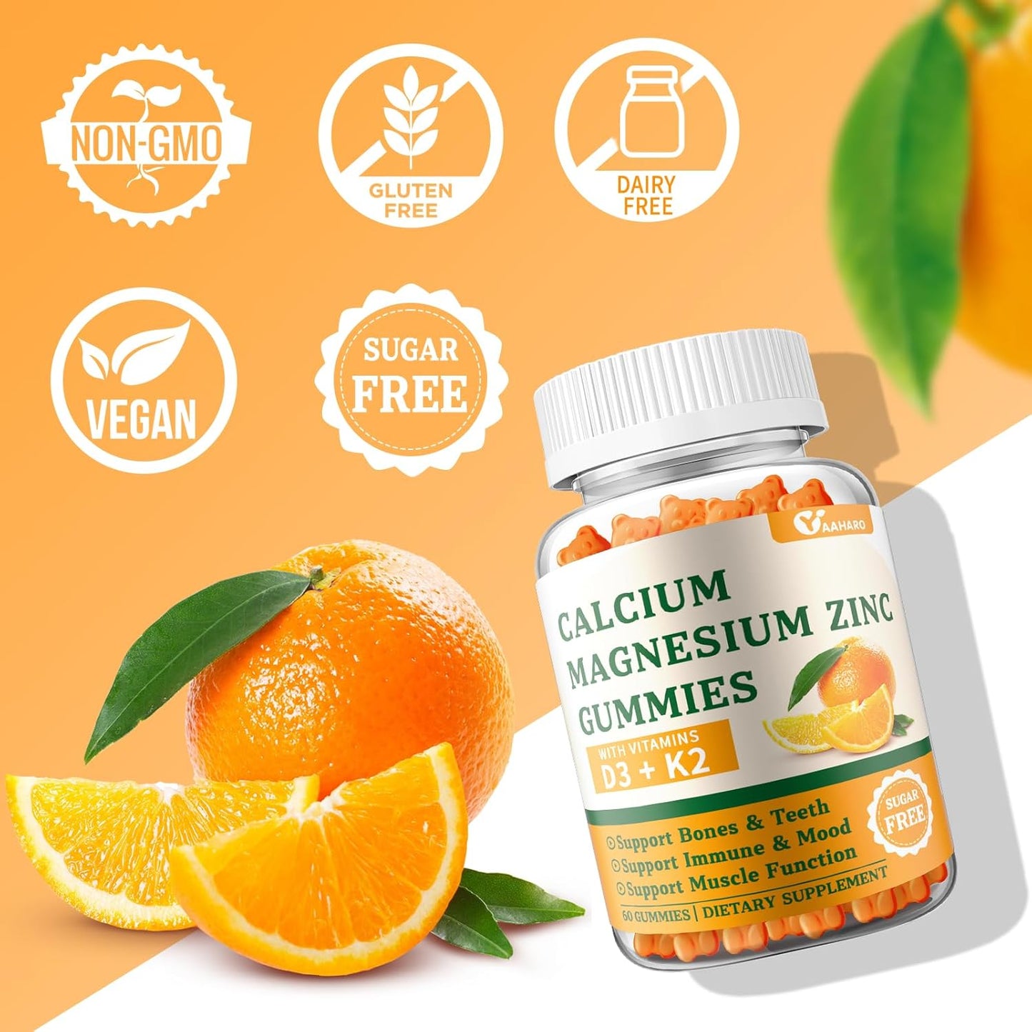 (2 Pack) Calcium Magnesium Zinc Gummies with Vitamin D3 & K2 - Sugar Free Calcium Gummies for Women and Men - Bone & Immune Support - Non-GMO, Gluten-Free, Orange Flavored - 120 Count