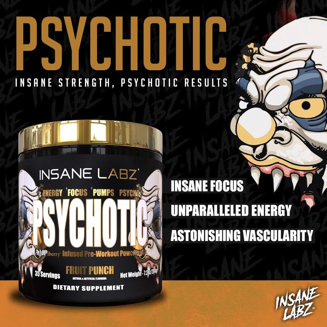 Insane Labz Psychotic Gold, High Stimulant Pre Workout Powder, Extreme Lasting Energy Focus, Pumps and Endurance with Beta Alanine, DMAE Bitartrate, NO Booster (35 Servings, Blue Punch)