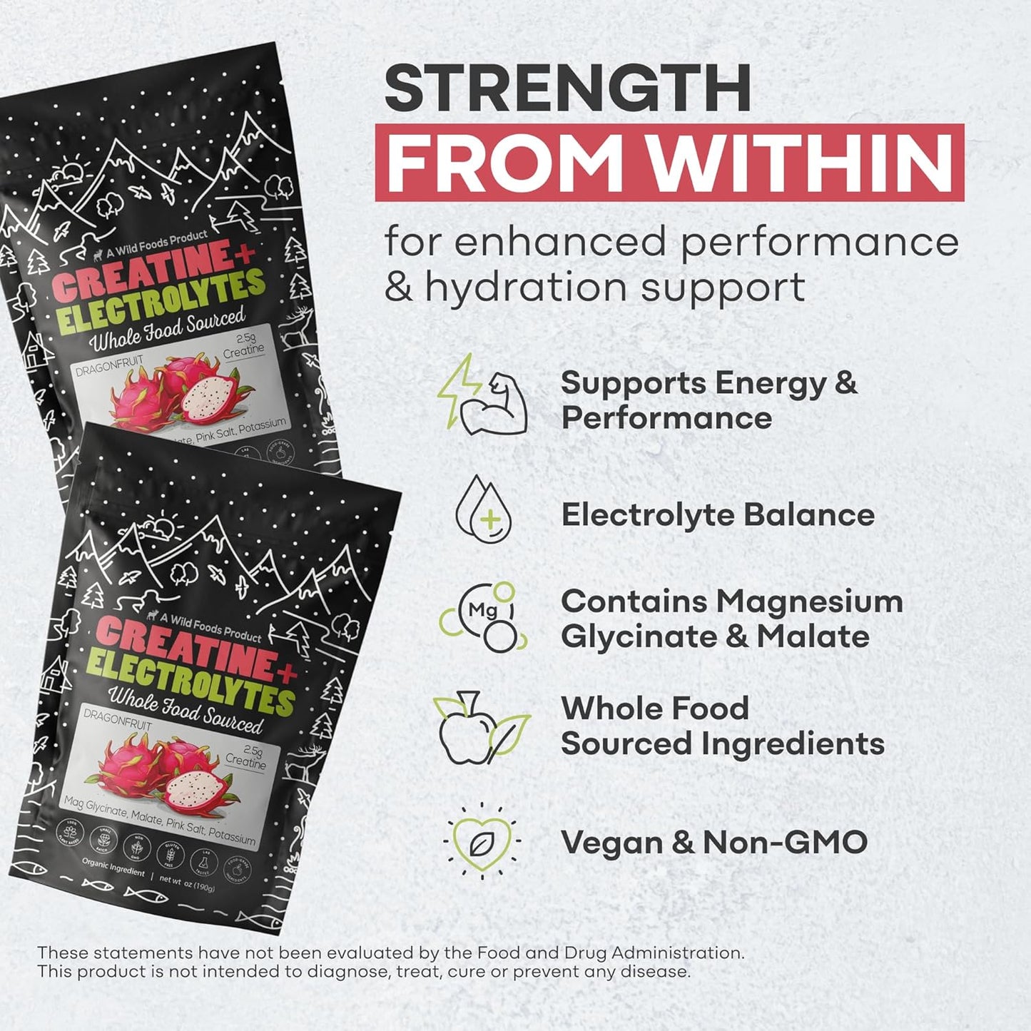 Wild Foods Creatine & Electrolytes Powder Packets, Dragonfruit, 20 Hydration Packets (9.5 g/serv.), with Magnesium Glycinate, Malate, Pink Salt, Pre-Workout Muscle Performance & Electrolyte Support
