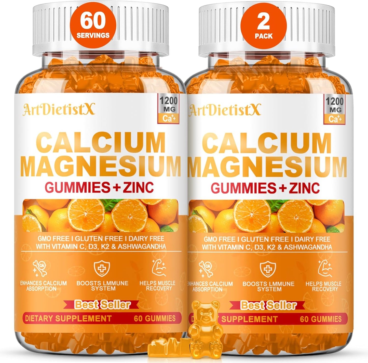 1200mg Calcium Gummies w/Vitamin D3 for Adults - High Absorption Calcium Supplement with Magnesium, K2, Copper, Boron, Zinc and Ashwagandha, Support Bone & Muscle, Sugar-Free for Women Men, 120 Count
