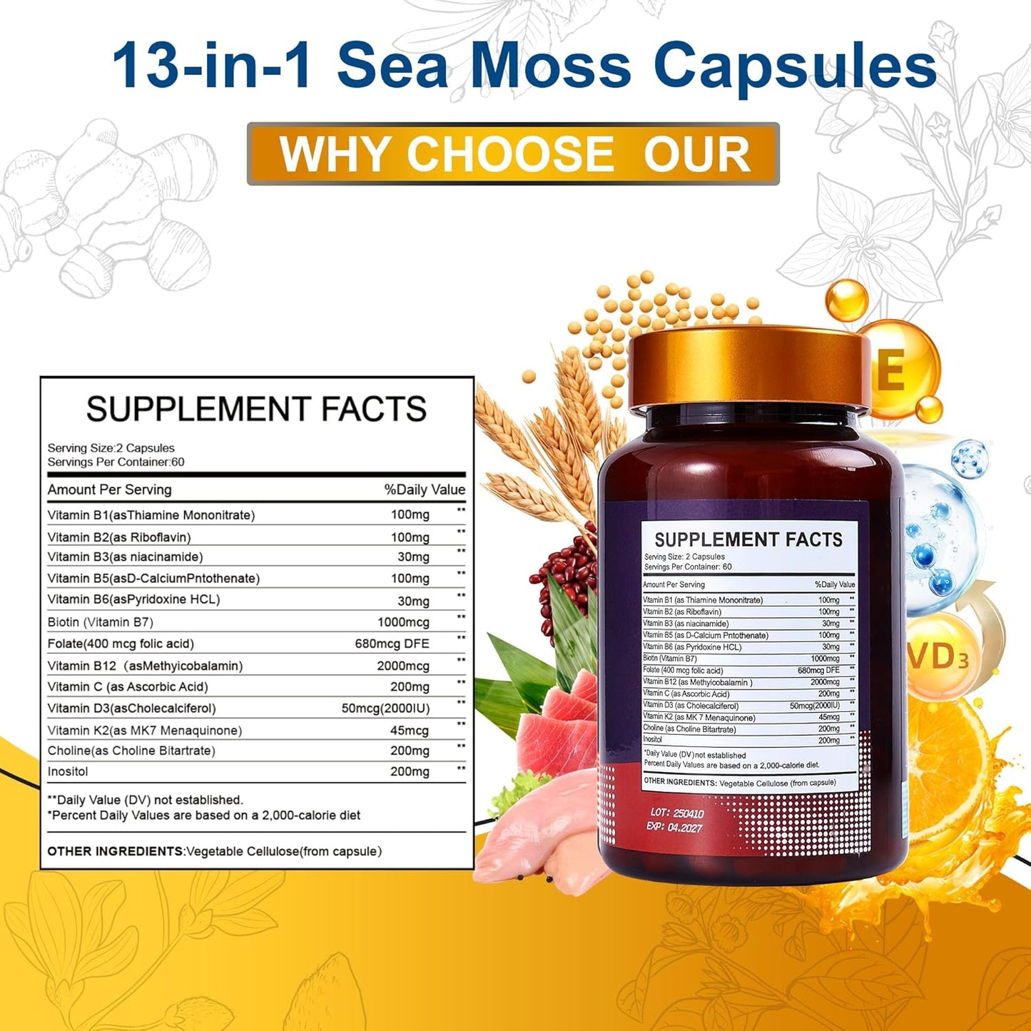 13-in-1 Vitamin B Complex Plus with Biotin, Inositol, Folate, B12, C, D3, K2 – Energy, Nerve & Immune Support for Men & Women – Vegan, Non-GMO, 120 Capsules