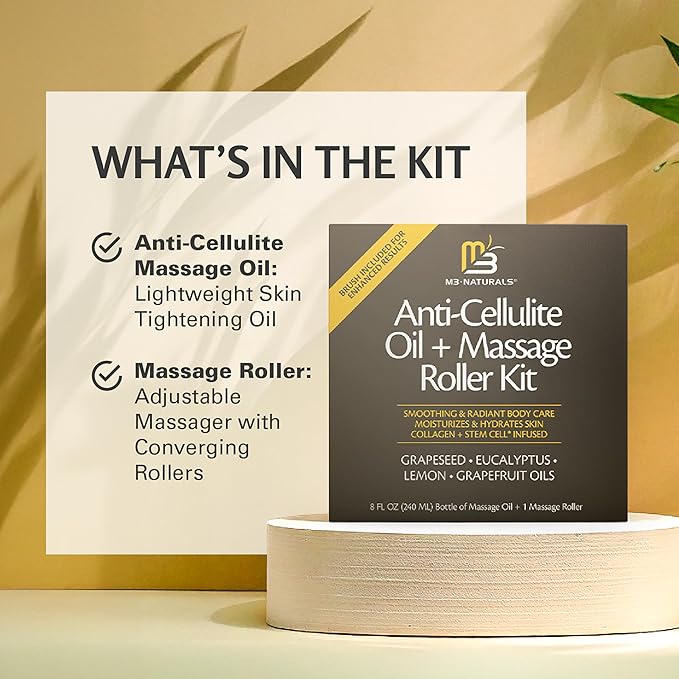 Anti Cellulite Oil and Lymphatic Drainage Massager Kit | Fascia Blaster for Contoured & Smoother Skin | Muscle Roller for Sore Arms, Legs, and Stomach, 8 fl oz by M3