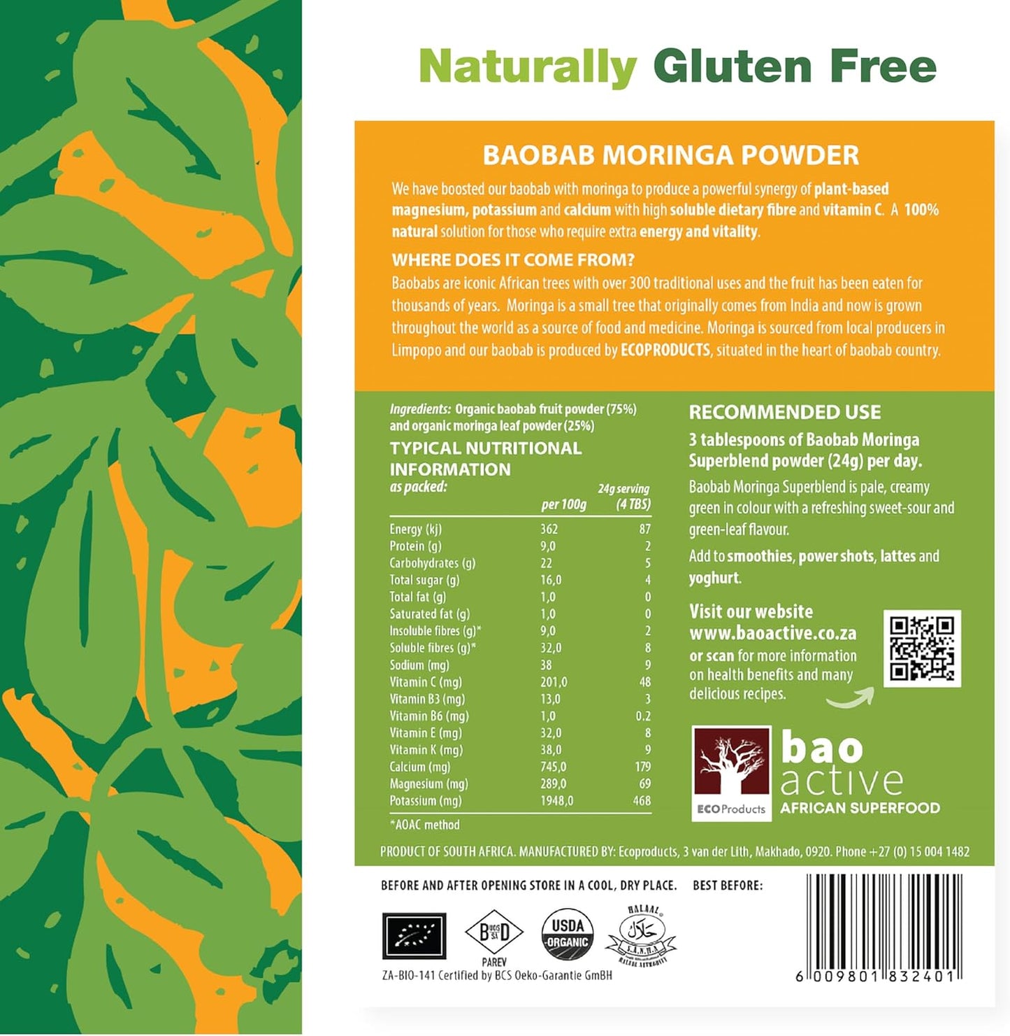 100% Baobab and Moringa Powder Superblend 300g (10.5 oz) | Direct from South Africa | USDA Organic Certified | Gut Health & Digestive Support