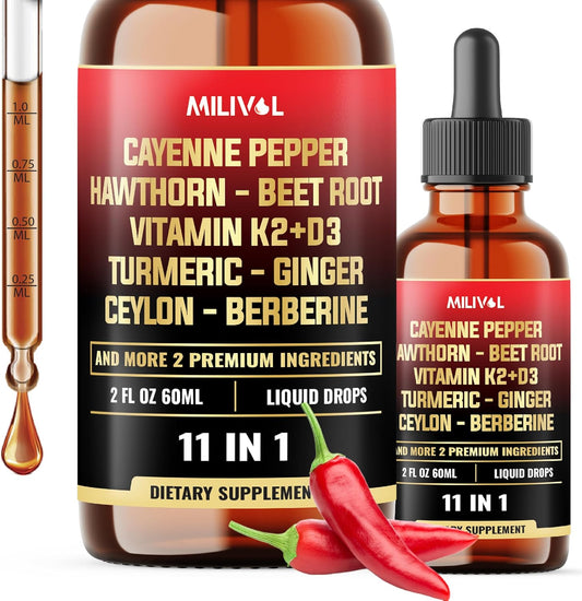 11in1 Cayenne Pepper Liquid Drops with Hawthorn Berry, Vitamin D3 K2, Beet Root, Garlic, Ginger, Ceylon Cinnamon, Turmeric, Berberine and Bitter Melon - 60 Days Supply - 2Fl Oz