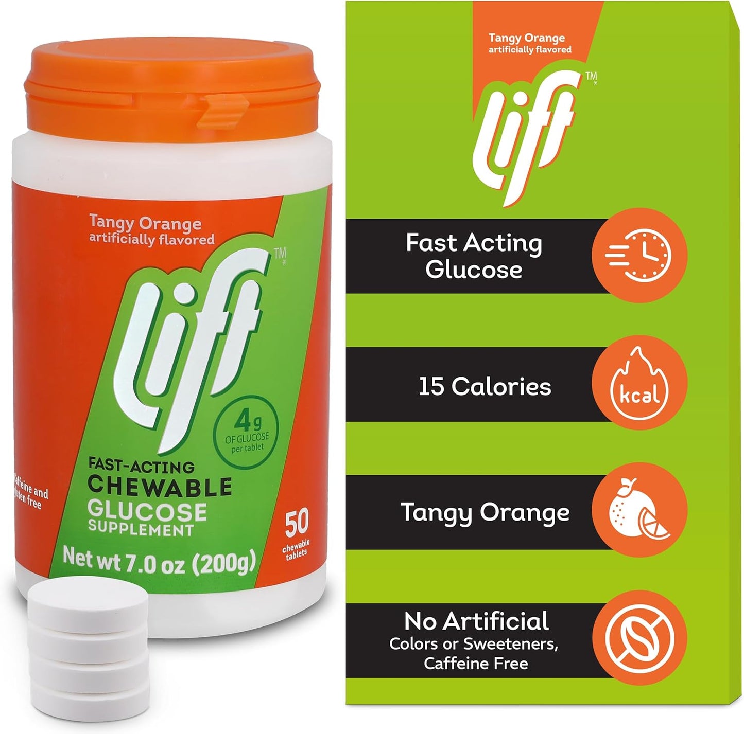 Lift Glucose Fast-Acting Glucose Chewable Energy Tablets, Orange, 50 ct Jar (Pack of 1)