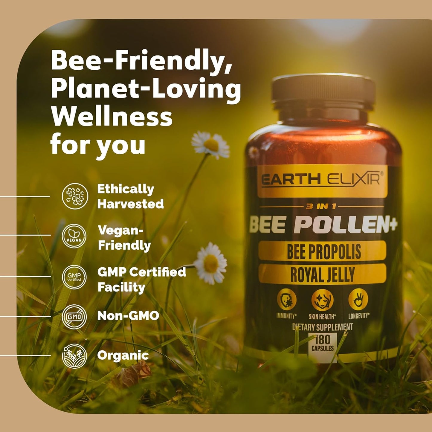 3-in-1 Organic Bee Pollen Capsule – Non-GMO, Pure Raw Bee Pollen, Royal Jelly, Propolis Extract for Women & Men – Natural Energy, Immune & Vitality Support – 180 Propolis Capsules