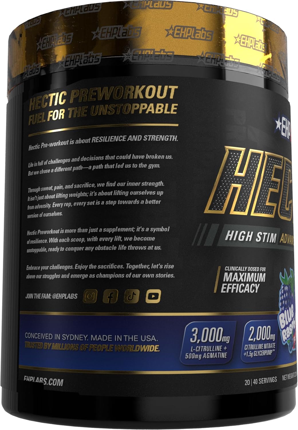 EHP Labs Hectic PreWorkout - High Stim Advanced Pre Workout Powder for Max Performance - Caffeine, Beta Alanine, Coconut Water - Energy, Pump, Recovery & Hydration - 40 Serves (Blue Raspberry)