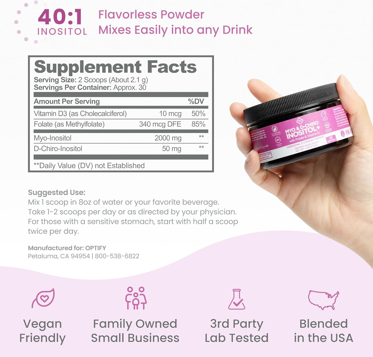 Optify Myo-Inositol & D-Chiro Inositol Supplement Powder for Women – 40:1 Ratio Plus Folate and Vitamin D – Support Healthy Hormonal Balance, Regular Cycles, & Ovarian Health – 30-Day Supply