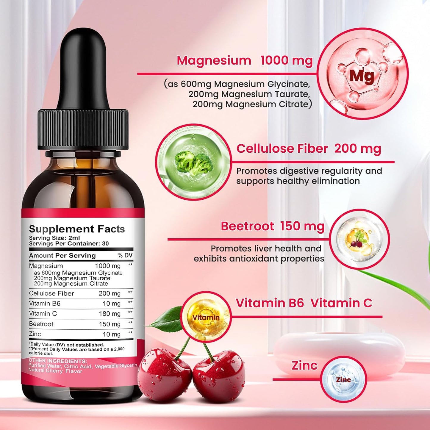 2 Pack Magnesium Glycinate Liquid Drops, 1000mg of Magnesium Glycinate, Taurate & Citrate Liquid Drops for Bone, Sleep, Calm, Muscle, Energy & Relaxation, High Absorption, Sugar-Free Cherry Flavor