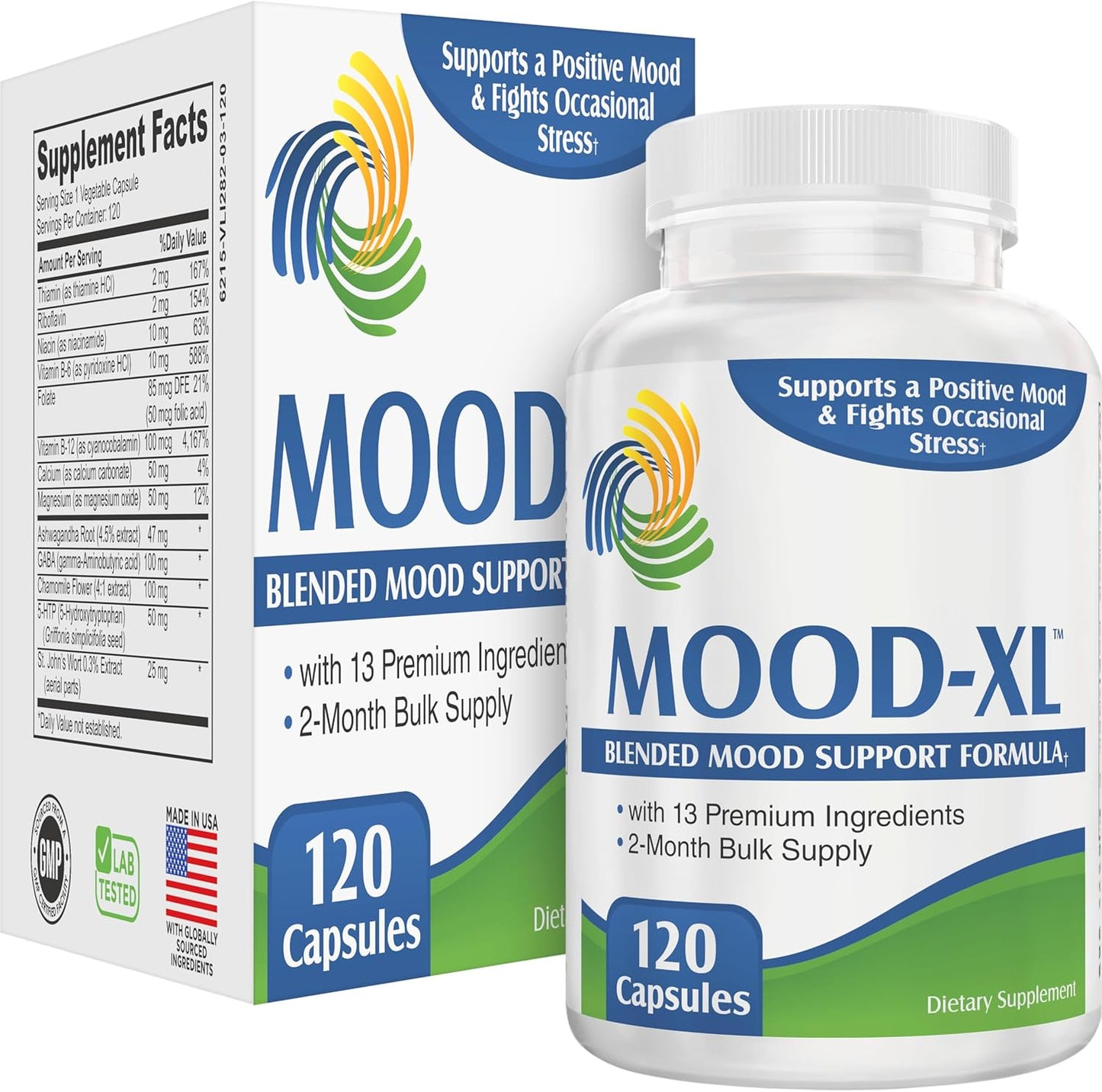 2-Month Mood Support Supplement (Mood-XL) | 13-Ingredient Calm & Balance Formula with 5-HTP, Ashwagandha, GABA & St. John’s Wort | Premium Mood Support Supplements Blend | 120 Capsules | 60-Day Supply