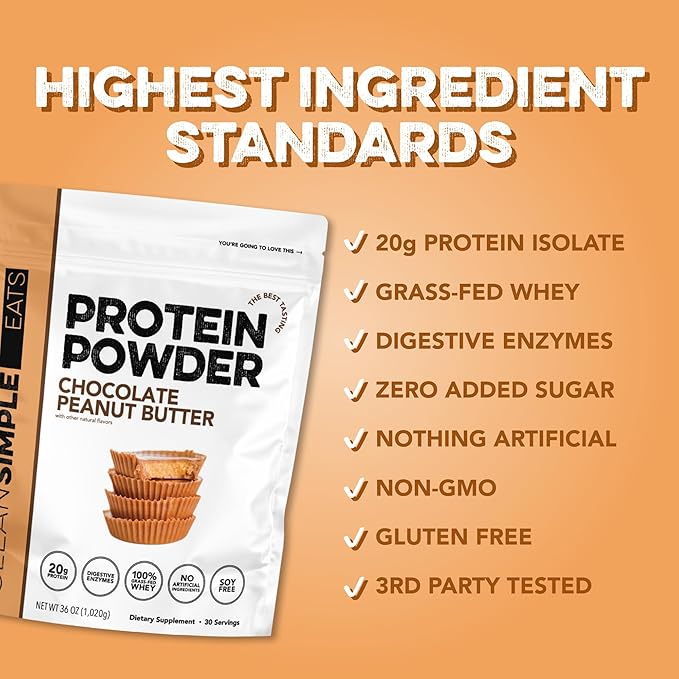 Clean Simple Eats Whey Protein Powder, Chocolate Peanut Butter Flavor Naturally Sweetened, 100% Grass Fed Protein Powder with Digestive Enzymes & No Artificial Ingredients, Gluten Free, 30 Servings