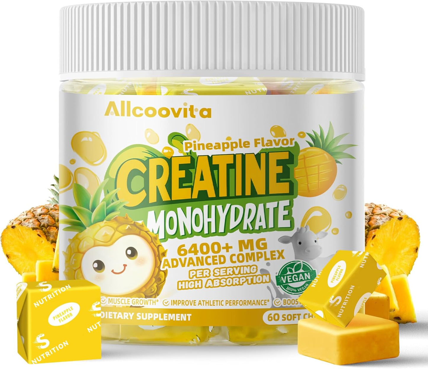 Creatine Monohydrate Chews Complex 6400mg for Men & Women -Advanced Formula W/L-Taurine + Vitamin B12, Sugar Free Chewable Supplement,60 Pineapple Softchews