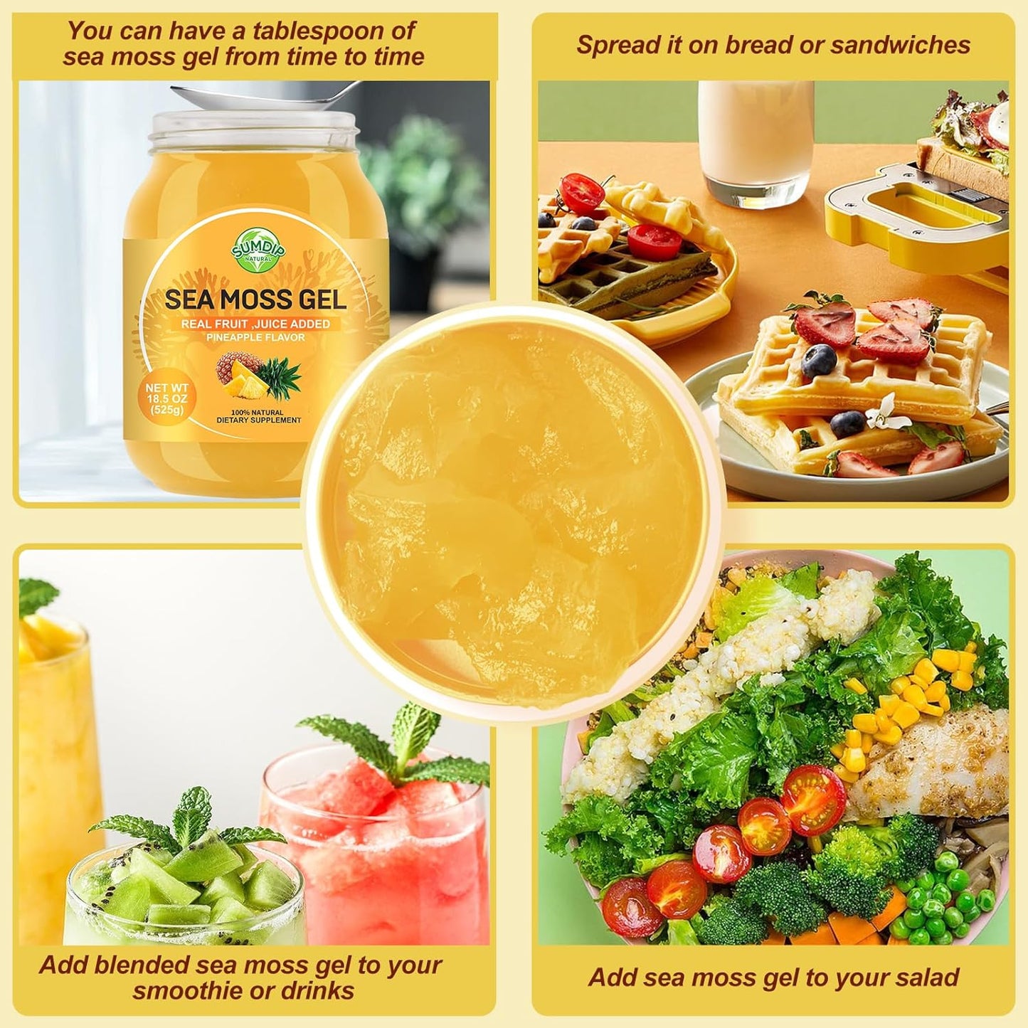 18.5OZ Sea Moss Gel, Raw Flavored Irish Seamoss Gel Immune and Digestive Support Vitamin Mineral Supplements, Pineapple