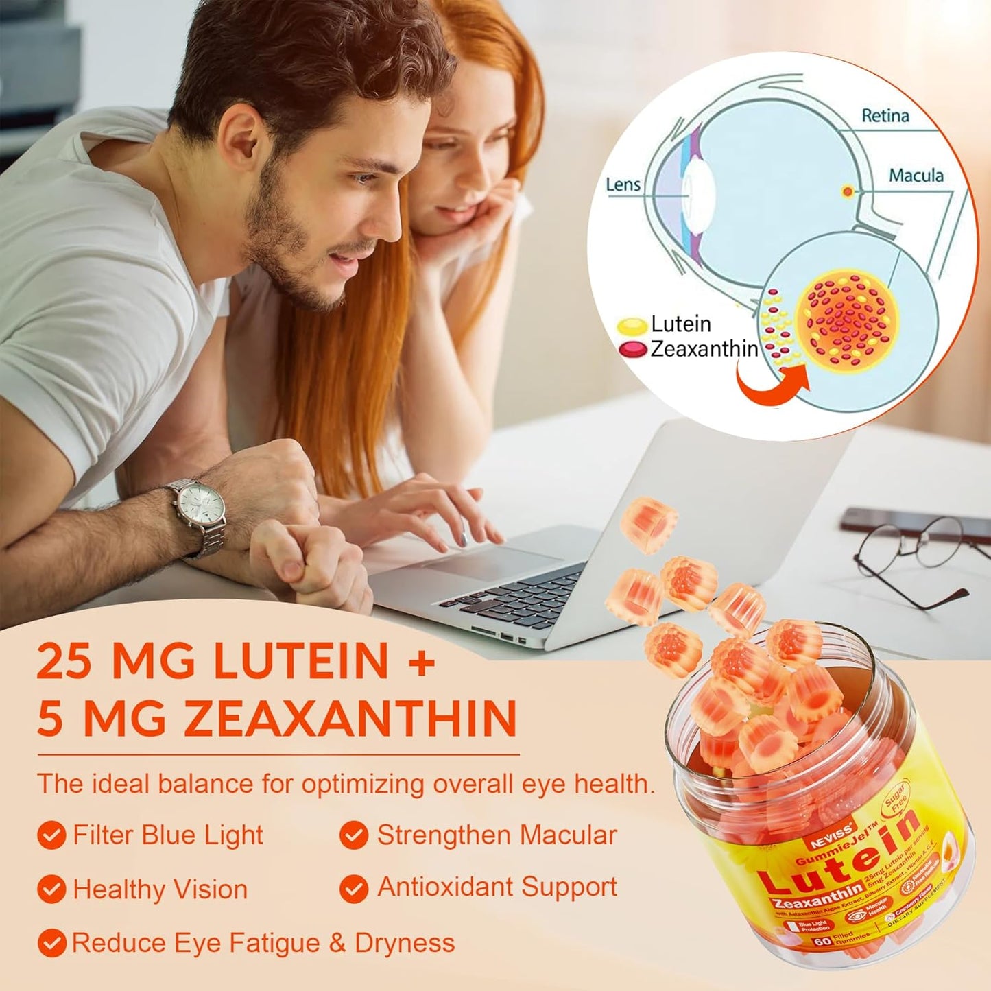2 Pack Lutein and Zeaxanthin Supplements Gummies (25mg) Vitamins A, C, E, Bilberry, Astaxanthin - Coconut Oil for Better Absorption - for Adults & Teens Vision, Eye, Brain, Skin - Vegan, Sugar Free