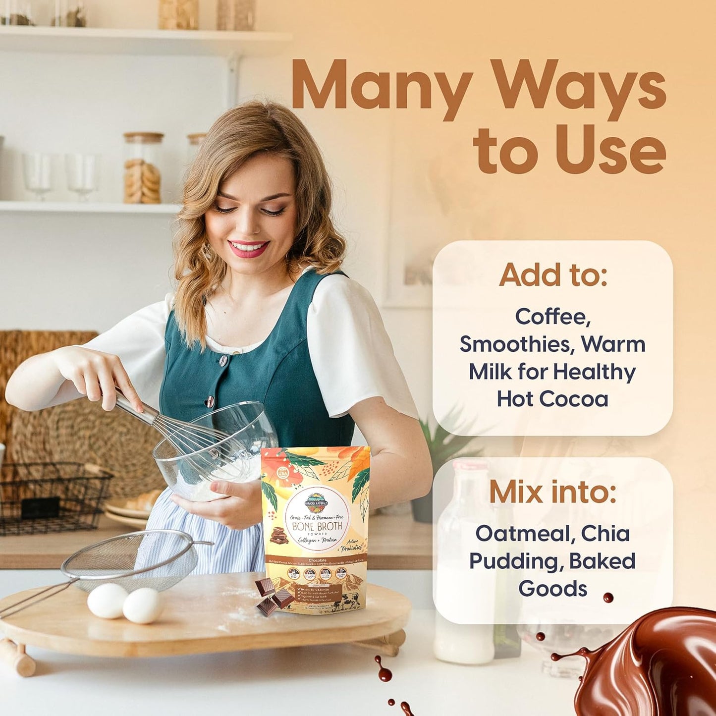 100% Grass-Fed Chocolate Bone Broth Protein Powder with Probiotics – Zero Artificial Flavors, 15g Protein, Collagen-Rich, Gut & Joint Support, Healthy Hot Chocolate, Keto, Paleo, Gluten Free