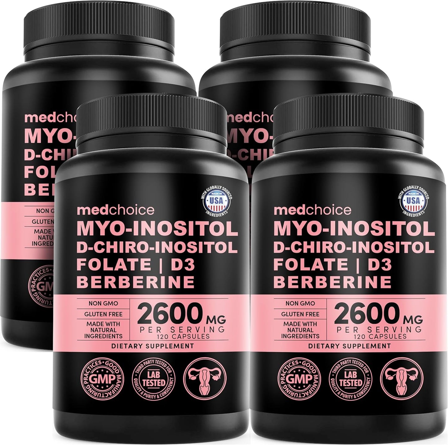 14-in-1 Inositol Supplement & Hormone Support for Women - 40:1 Myo-inositol & D-Chiro Inositol Ovarian Support Capsules for Hormone Balance with Folate, Vitamin D and B12 (120 count) (Pack of 4)