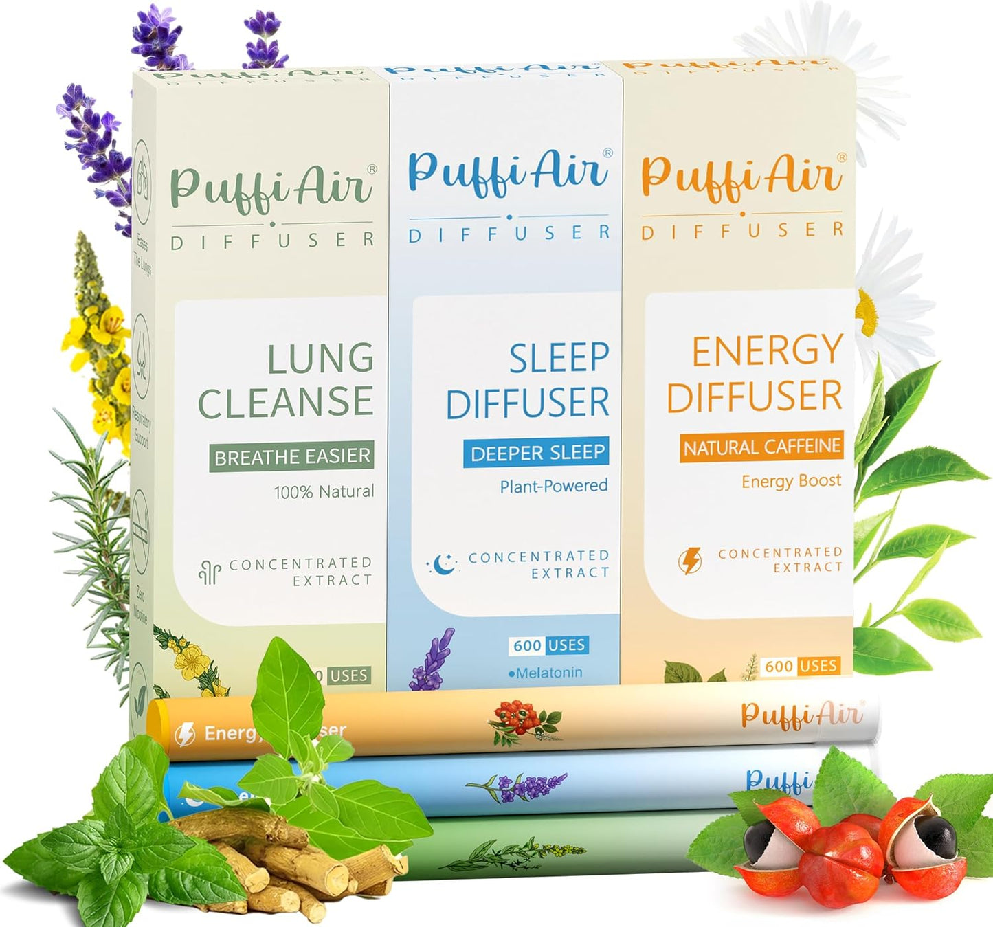 3-in-1 Herbal Diffuser Wellness Bundle: Sleep Support, Lung Detox & Natural Energy Boost – 600 Uses Per Stick