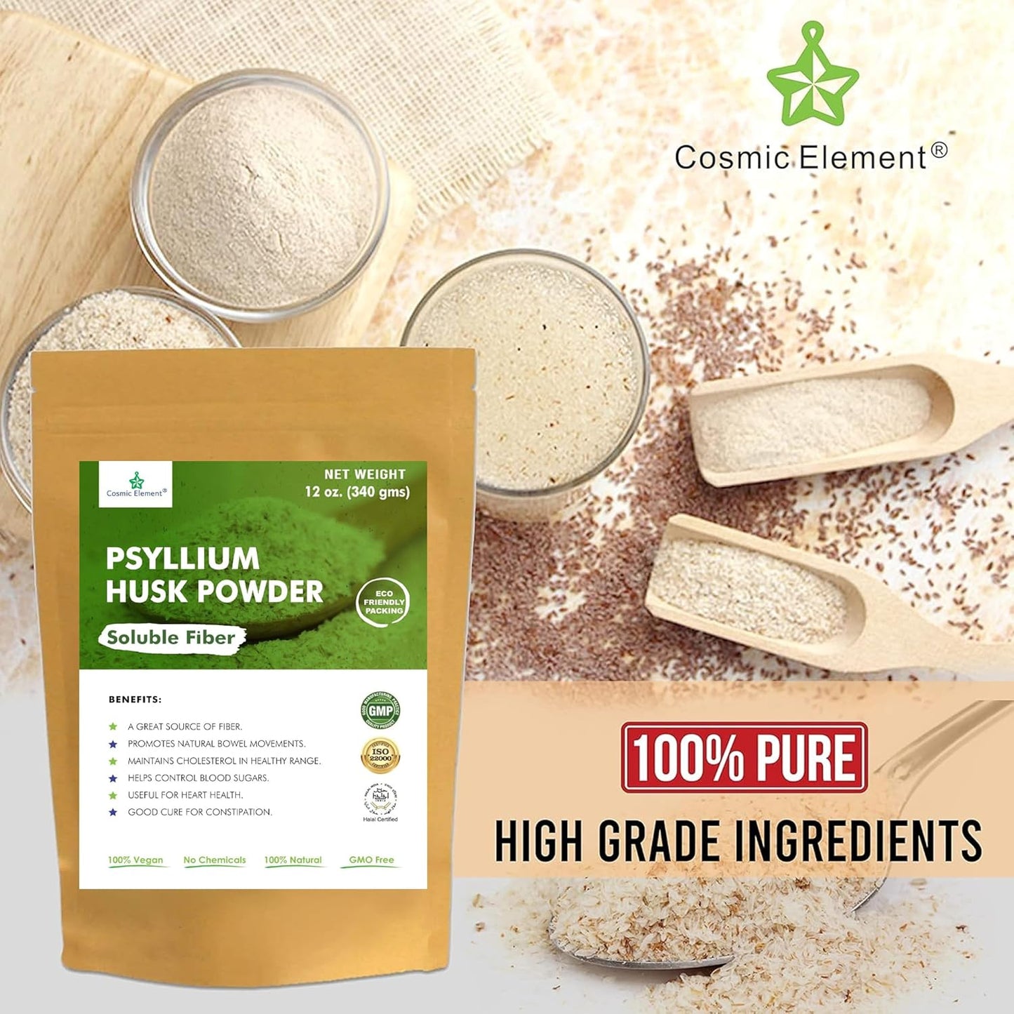 100% Pure Psyllium Husk Powder Organic - Fiber Supplement Powder | Psyllium Fiber Powder for Regularity and Keto Baking | Finely Ground Psyllium Husk Powder for Baking and Bread - 12 oz