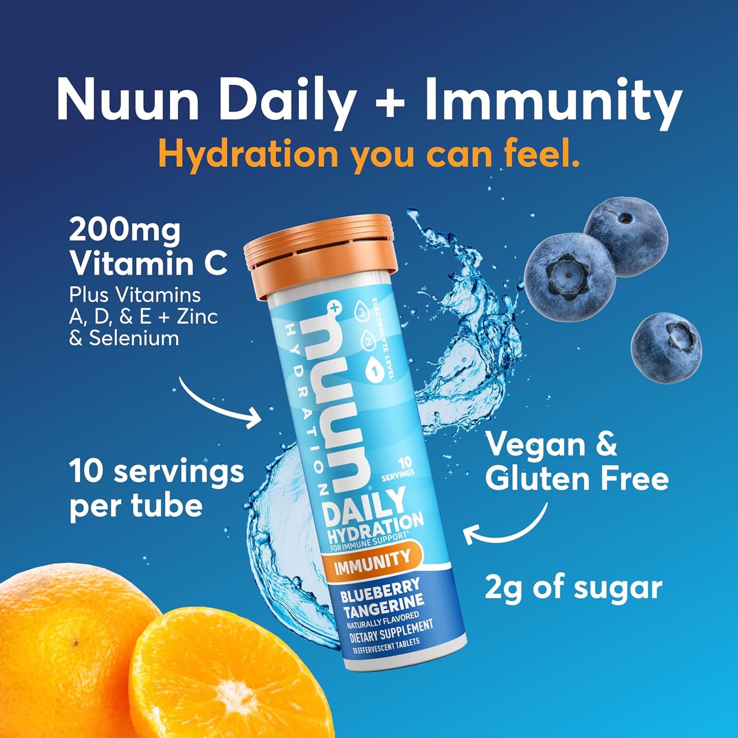 Nuun Immunity Electrolyte Tablets with Vitamin D, C, E, & A, Ginger, Elderberry, Magnesium & 4 Other Essential Electrolytes, Vegan, Blueberry Tangerine, 8 Pack (80 Servings Total)