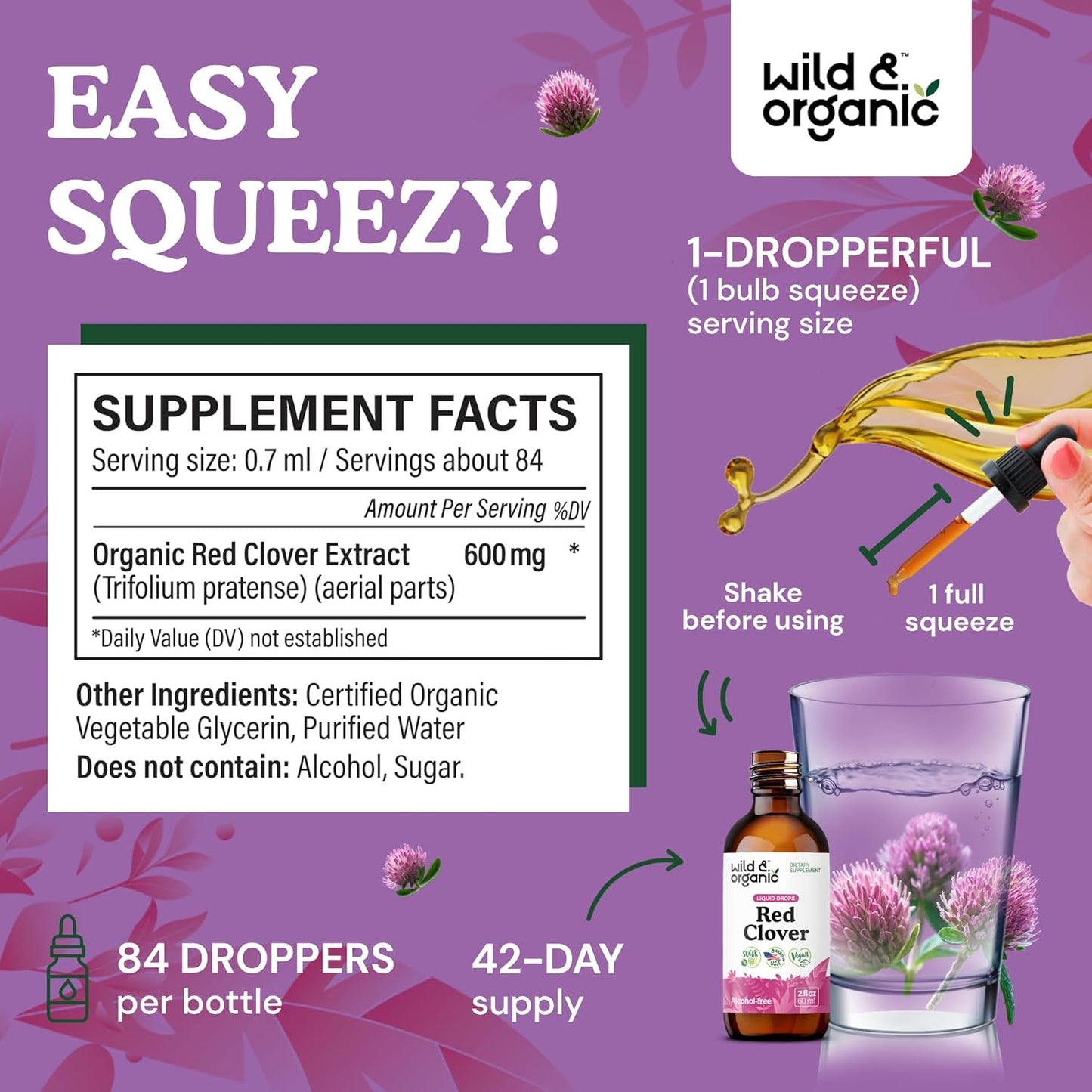 Wild & Organic Red Clover Extract Drops 600 mg - Liquid Red Clover Supplement for Women - 1-Month Supply - Trifolium Pratense Blossom Tincture - Vegan, Sugar & Alcohol-Free - 2 fl oz