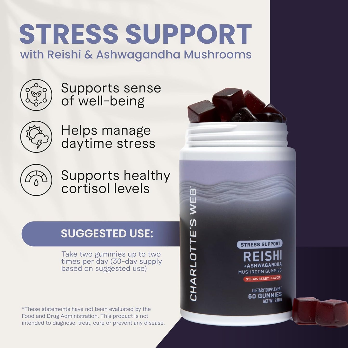 Charlotte's Web Stress Support Mushroom Gummies w/Reishi, Ashwagandha, Rhodiola Rosea Supplement — Natural Supplement — Strawberry-Flavored Ashwagandha Gummies (30 Servings)