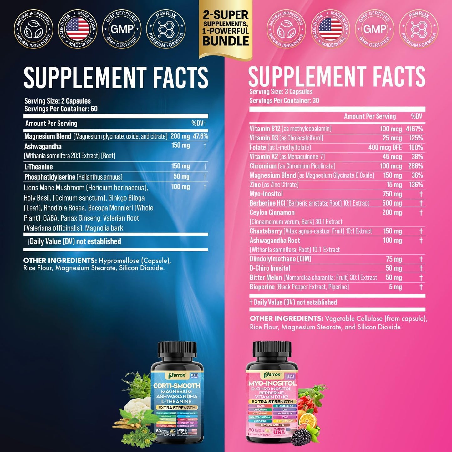 Cortisol & Myo-Inositol Supplement Bundle, Soothe & Smooth Bundle, Cortisol Balance, GABA, Magnesium, Ashwagandha, L-Theanine, D-Chiro Inositol, Folate, Berberine, Chasteberry, Zinc (2 Pack)