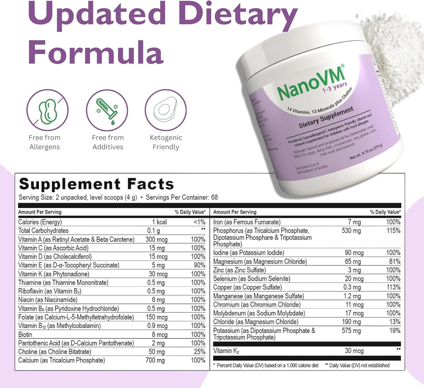 1-3 Years, Allergen-Free Multivitamin for Kids, Unflavored Dietary Supplement, Powdered Supplement with 14 Vitamins & 13 Minerals, Low-Carbohydrate Toddler Vitamins, 275g - Solace Nutrition