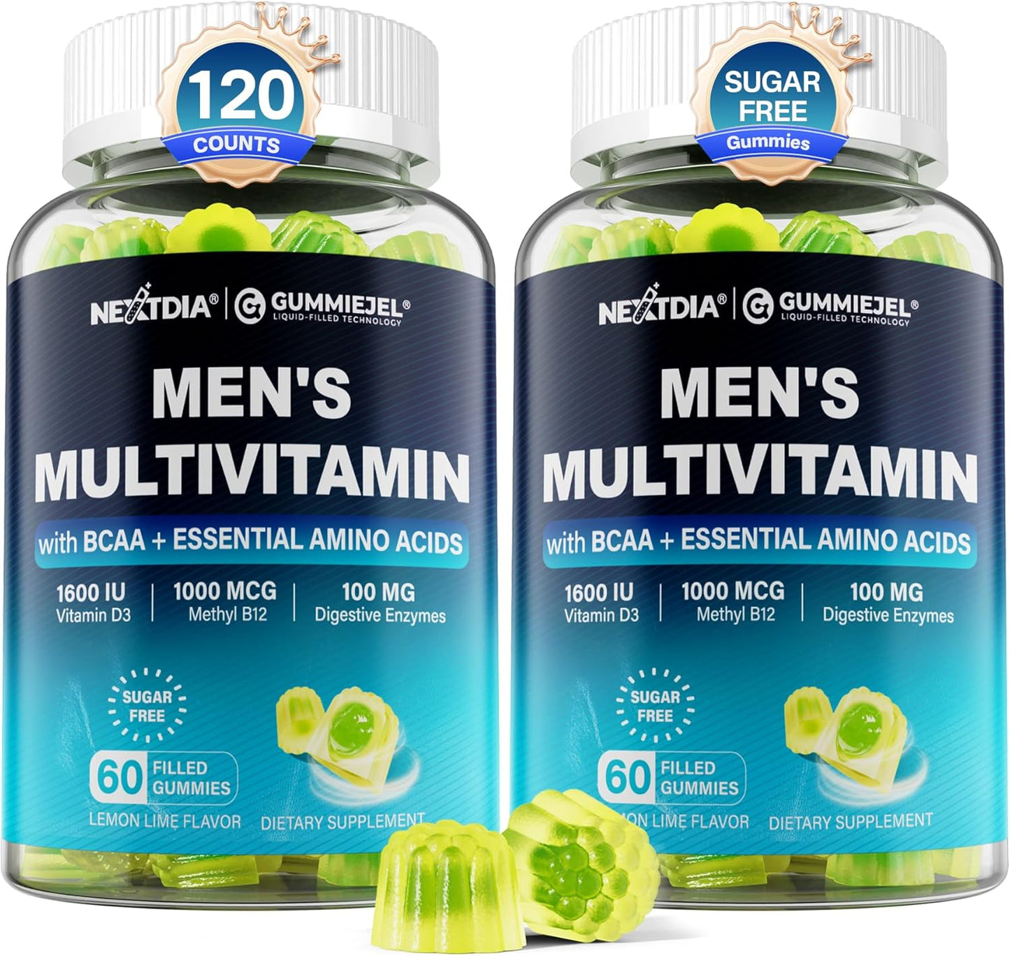 2 Pack Methylated Multivitamin for Men Gummies, BCAA Amino Acids, Zinc, Biotin, Vitamin A C E D3 K2 B Complex Calcium, Magnesium, Lycopene, Digestive Enzymes - Energy Muscle Immune - Sugar Free, Vegan